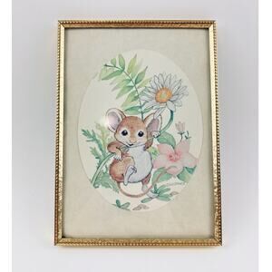 House Mouse 1980 picture mice Flower White Pink Framed Signed Vintage Constance